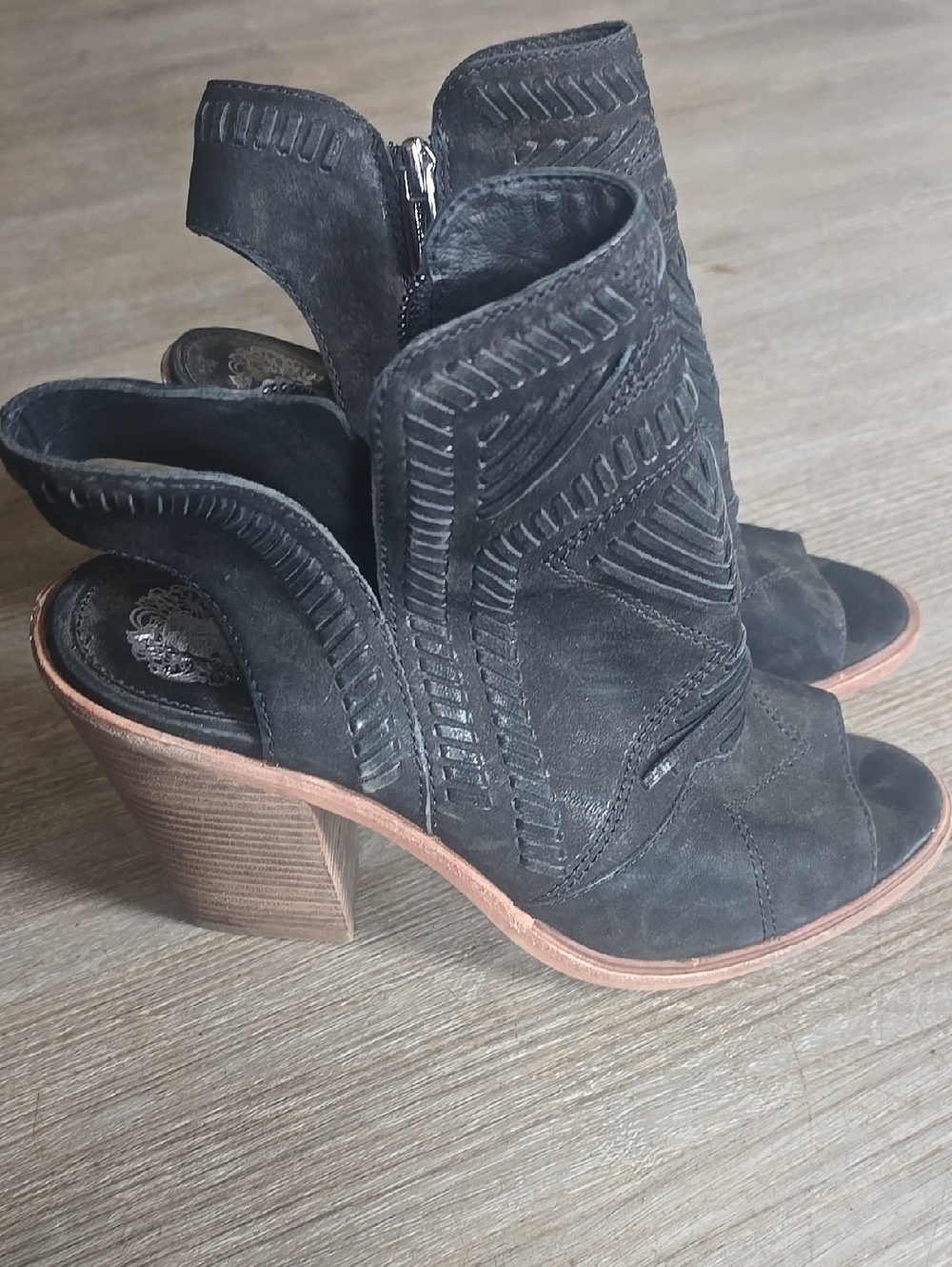 Vince Camuto Black Suede Open-Toe Block Heel Women's Booties